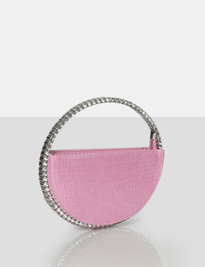 The Alessia Baby Pink Croc Circle Diamante Mini Handbag