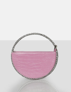 The Alessia Baby Pink Croc Circle Diamante Mini Handbag