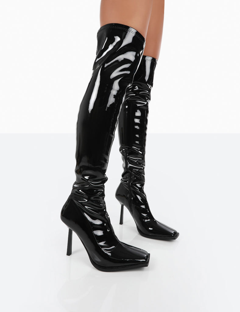 Jenine Black Patent Over The Knee Stiletto Heeled Boots | Public Desire