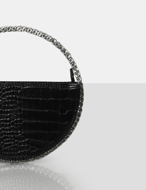 The Alessia Black Croc Circle Diamante Mini Handbag