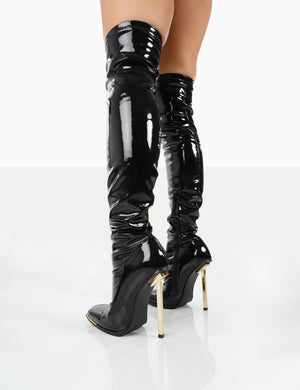 Kenza X Public Desire Vicki Black Patent over the Knee Stiletto Heeled Boots