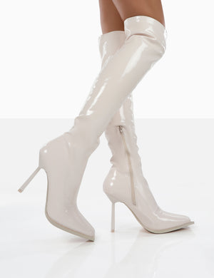 Jenine Ecru Patent Over The Knee Stiletto Heeled Boots