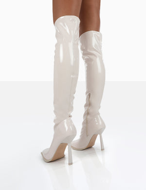 Jenine Ecru Patent Over The Knee Stiletto Heeled Boots