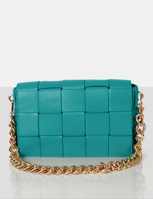 The Mayan Teal Weave Gold Chain Detail Shoulder Bag
