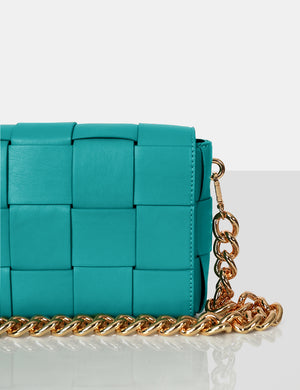 The Mayan Teal Weave Gold Chain Detail Shoulder Bag