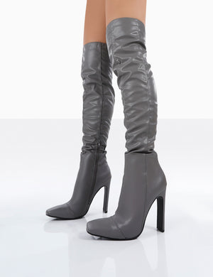 Kenza X Public Desire Pyrite Grey Patent over the Knee Heeled