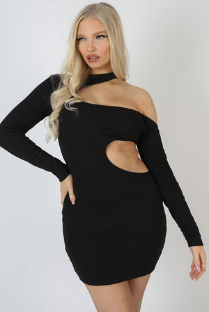 Cut Out Detail Ribbed Dress Black