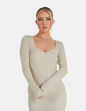 Knitted Off Shoulder Midi Dress Oatmeal Marl