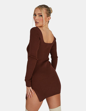 Knitted Off Shoulder Mini Dress Chocolate