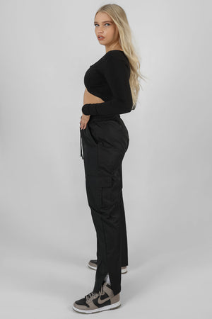 Twist Front Long Sleeve Crop Top Black