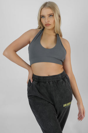 Super Cropped Halter Neck Ribbed Crop Top Dark Grey