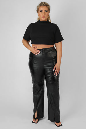 Curve High Neck Ribbed Cropped T Shirt Black