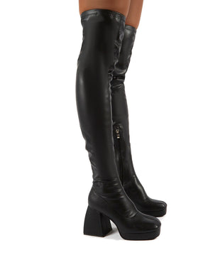 Chrome Black Patent Chunky Heel Over The Knee Boots