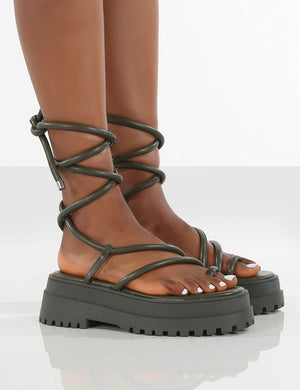 Amber x Public Desire Origin Khaki PU Chunky Sole Lace Up Sandal