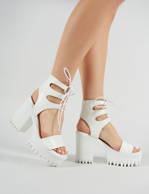 Hailey Lace Up Chunky Heels in White PU