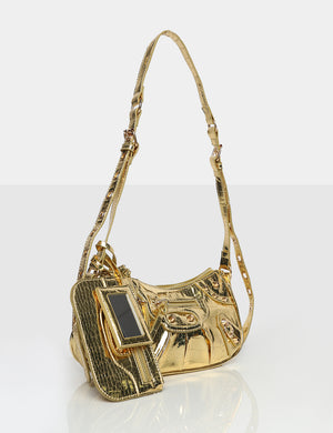 The Trackstar Metallic Gold Croc Pu Studded Mirror Zip Detail Handbag