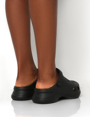 Frenzy Black Rubberised Sling Back Closed Toe Clog Sandals