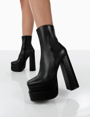 Supine Wide Fit Black Pu Chunky Platform High Heeled Block Ankle Boots