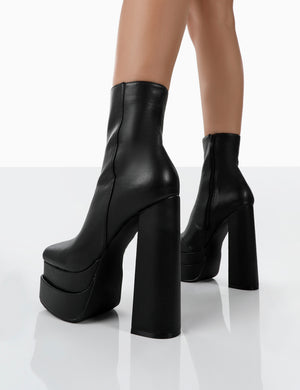 Supine Wide Fit Black Pu Chunky Platform High Heeled Block Ankle Boots