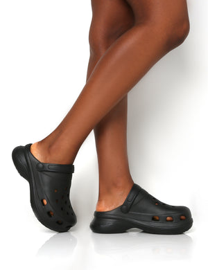 Frenzy Black Rubberised Sling Back Closed Toe Clog Sandals