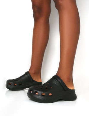 Frenzy Black Rubberised Sling Back Closed Toe Clog Sandals