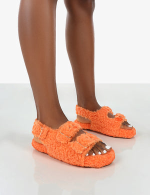 Bliss Orange Borg Fluffy Faux Fur Buckled Flat Grandad Sandals