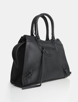 The Willa Black Matte Croc Zip detail Tote Bag