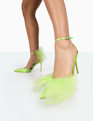 Bell Lime Satin Statement Bow Pointed Court Stiletto Heels