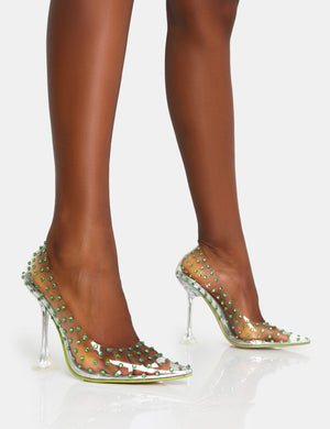 Fancy Lime Diamante Court Clear Perspex Pointed Toe Stiletto Heels