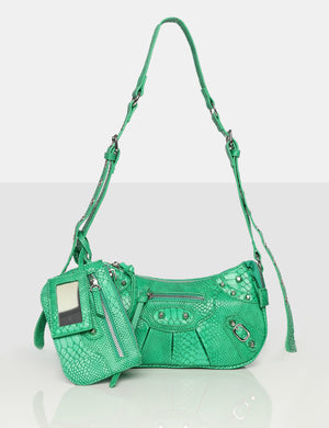 The Trackstar Green Croc Pu Studded Mirror Zip Detail Handbag