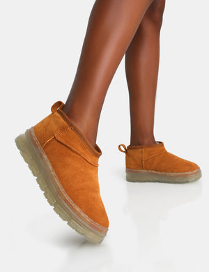 Bambi Tan Faux Suede Ultra Mini Ankle Boots