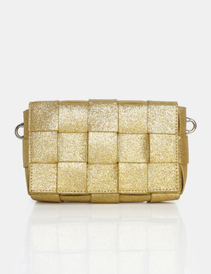 The Mayan Champagne Glitter Weave Gold Chain Detail Shoulder Bag