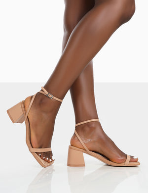 Lane Wide Fit Nude Pu Strappy Mid Block Heeled Sandals