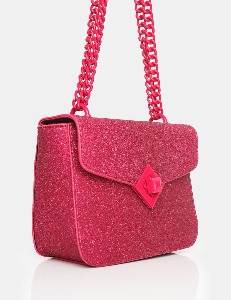 The Pixie Hot Pink Glitter Bag Chain Detail Shoulder Bag | Public Desire