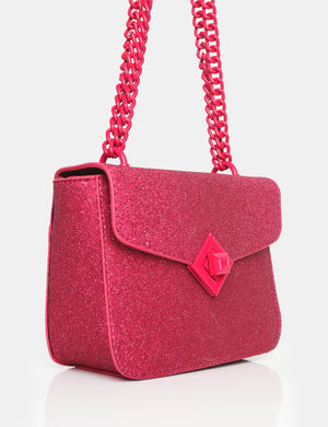 The Pixie Hot Pink Glitter Bag Chain Detail Shoulder Bag