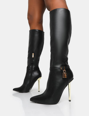 Jayden Black Pu Padlock Detail Pointed Toe Gold Stiletto Heel Knee High ...