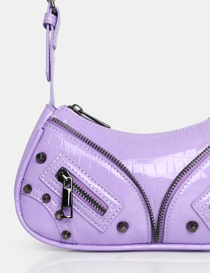 The Candice Zip Detailed Lilac Croc Shoulder Bag