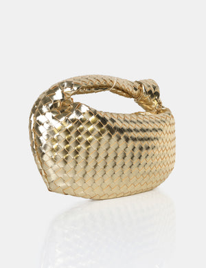 The Blame Metallic Gold Woven PU Knot Detail Mini Grab Bag