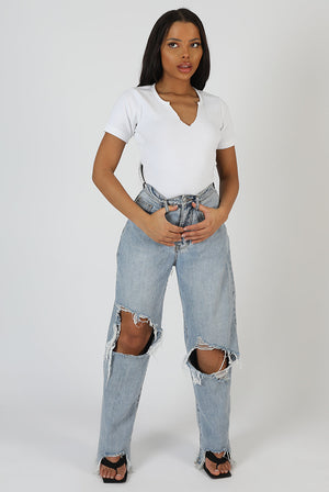 Knotch Front Short Sleeve Ribbed Bodysuit White