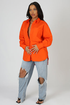 Oversized Pocket Poplin Shirt Orange