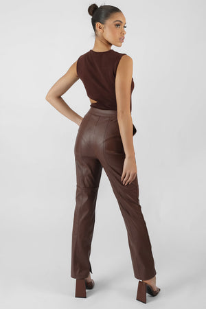 Pu Seam Front Split Detail Trousers Chocolate