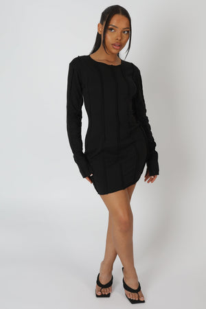 Seam Detail Long Sleeve Mini Dress Black