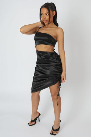 Asymmetric Cut Out Ruched Satin Midi Dress Black