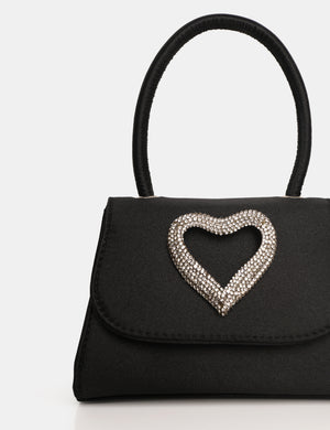 The Heart Black Satin Diamante Heart Mini Bag