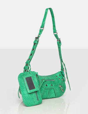 The Trackstar Green Croc Pu Studded Mirror Zip Detail Handbag
