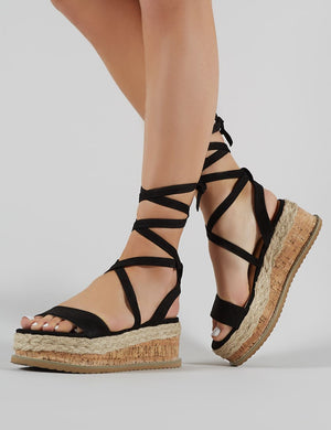 Black faux suede lace up flatform sandals sales