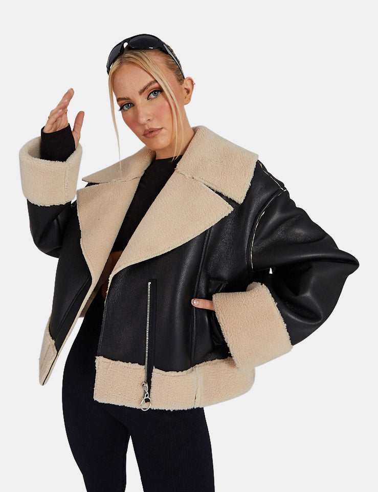 Black pu cropped aviator top