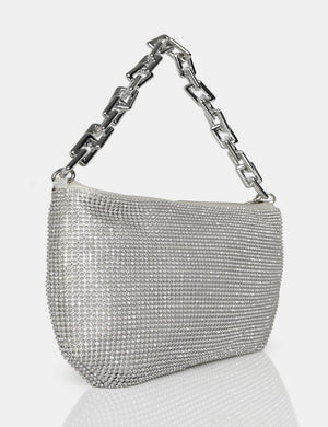 Giselle Silver Sparkly Diamante Rhinestone Chainmail Handbag