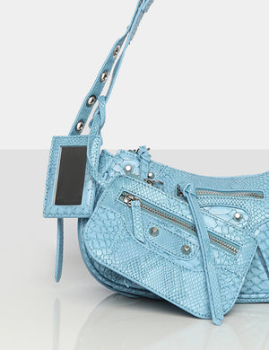 The Trackstar Blue Croc Pu Studded Mirror Zip Detail Handbag