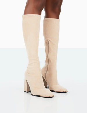 Caryn Taupe Faux Suede Knee High Block Heeled Boots
